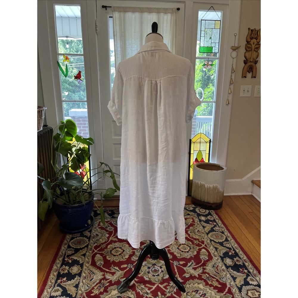 Saks Fifth Avenue L 100% Linen White Dress Button Down Tiered Ruffle Pocket Boho - Picture 4 of 11